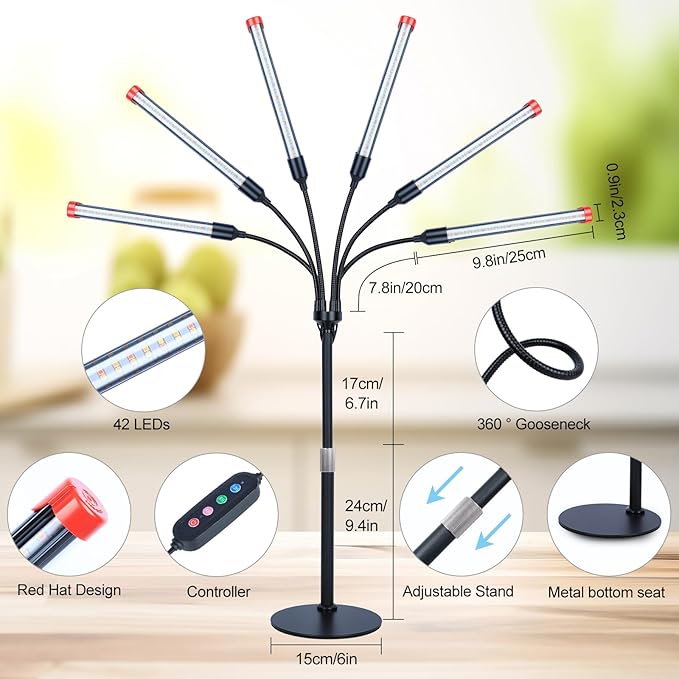 6-Head Table Top Grow Lights for Indoor Plants, Seed Starting, Bonsai with Timer, 54W Power Home