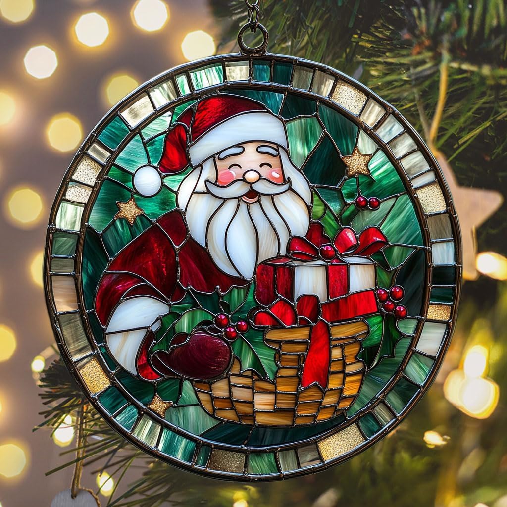 Santa Claus and Presents Acrylic Suncatcher Stained Glass Effect Window Car Hanging Christmas