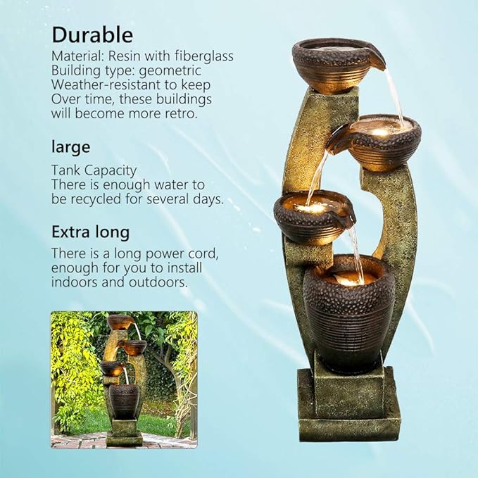 Naturefalls 40” H Modern Outdoor Fountain - 4 Crocks Outdoor Garden Fountains with Contemporary