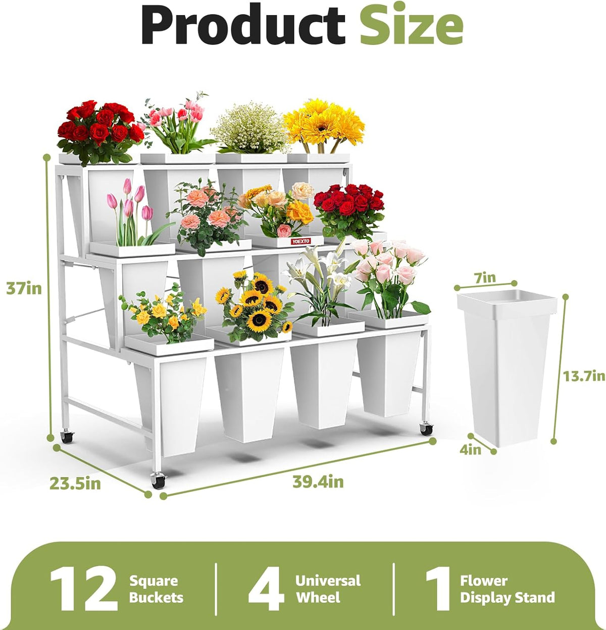 Flower Display Stand 3 Layers with 12 PCS Round Buckets, Plant Stand with Wheels, Movable Metal