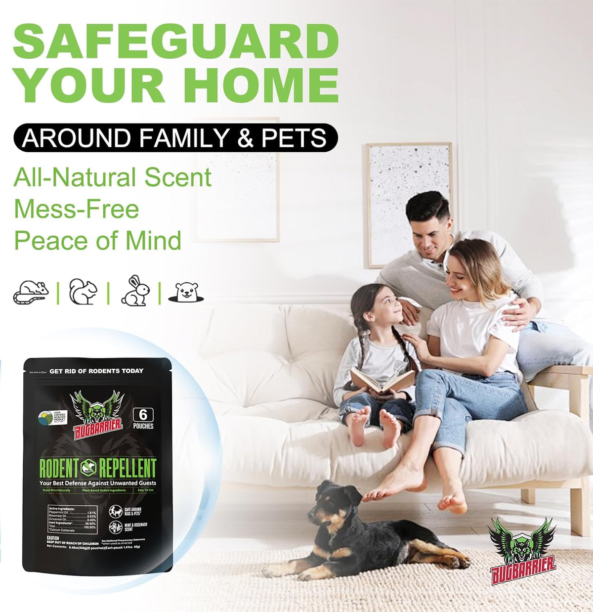 BugBarrier's Extra-Strength Mouse Repellent Deterrent Pouches, USDA 99% Biobased, Peppermint &
