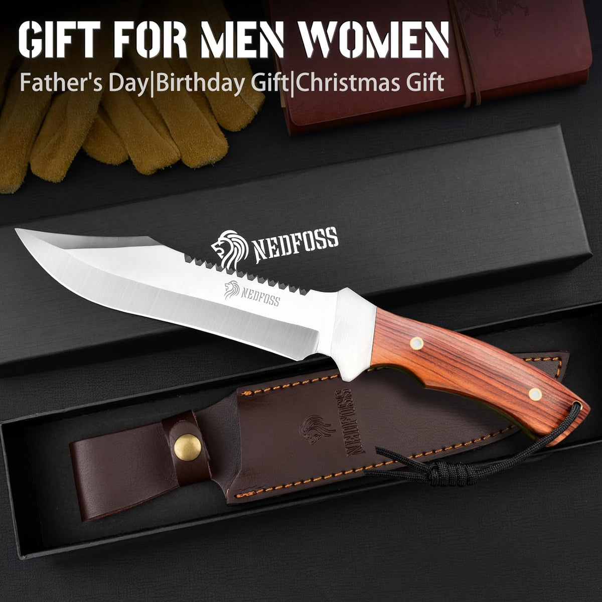 NedFoss 13" Survival Knife with Sheath, 7" Large Blade Camping Knives with Rosewood Handle, Full