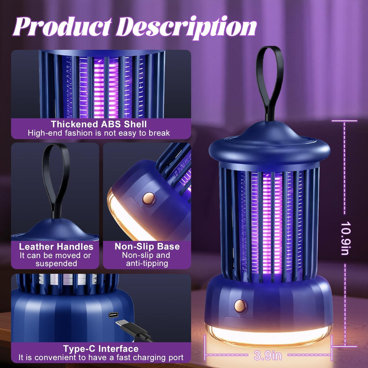 Bug Zappers, Portable USB Rechargeable with 360° Smart Zapping, Camping Lamp, Quiet Operation, Safe
