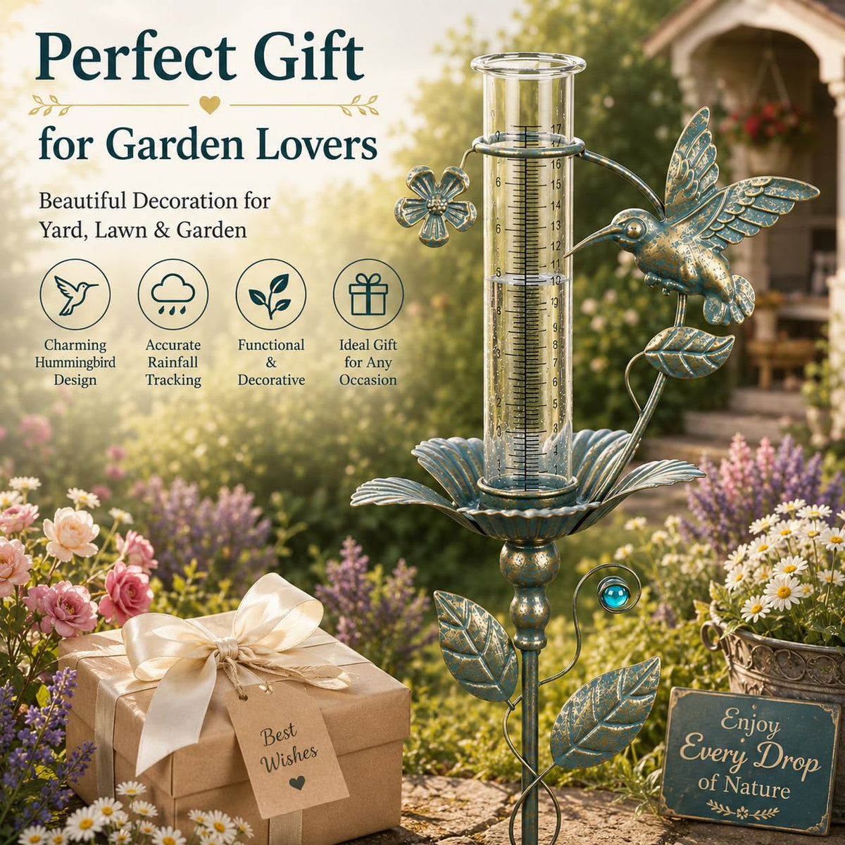 Rain Gauge Outdoor Decorative Hummingbird 7" Metal Rain Gauges Glass Tube | for Yard