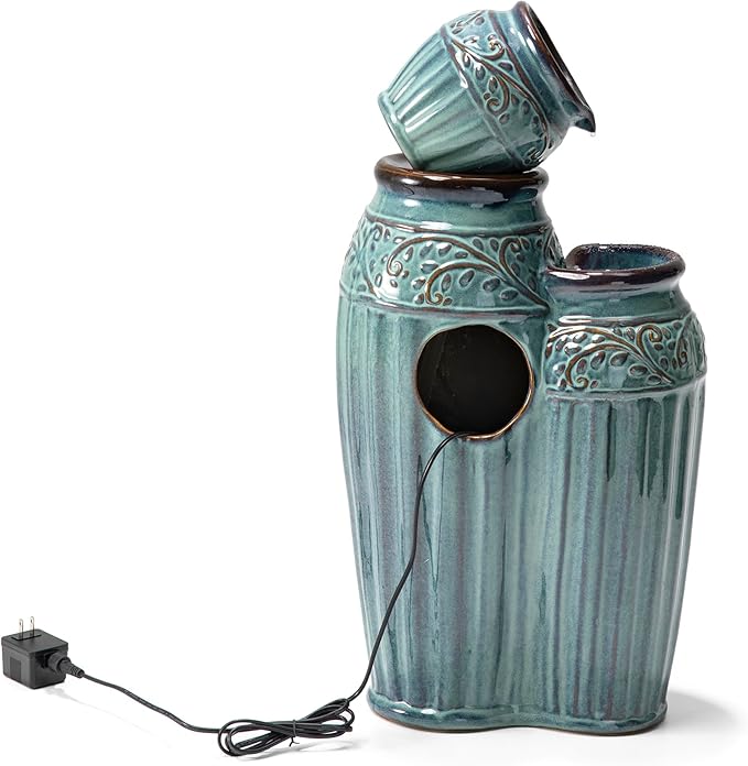 Glitzhome 27.25" H Outdoor Garden Water Fountain with LED Lights and Pump, 4 Tier Turquoise
