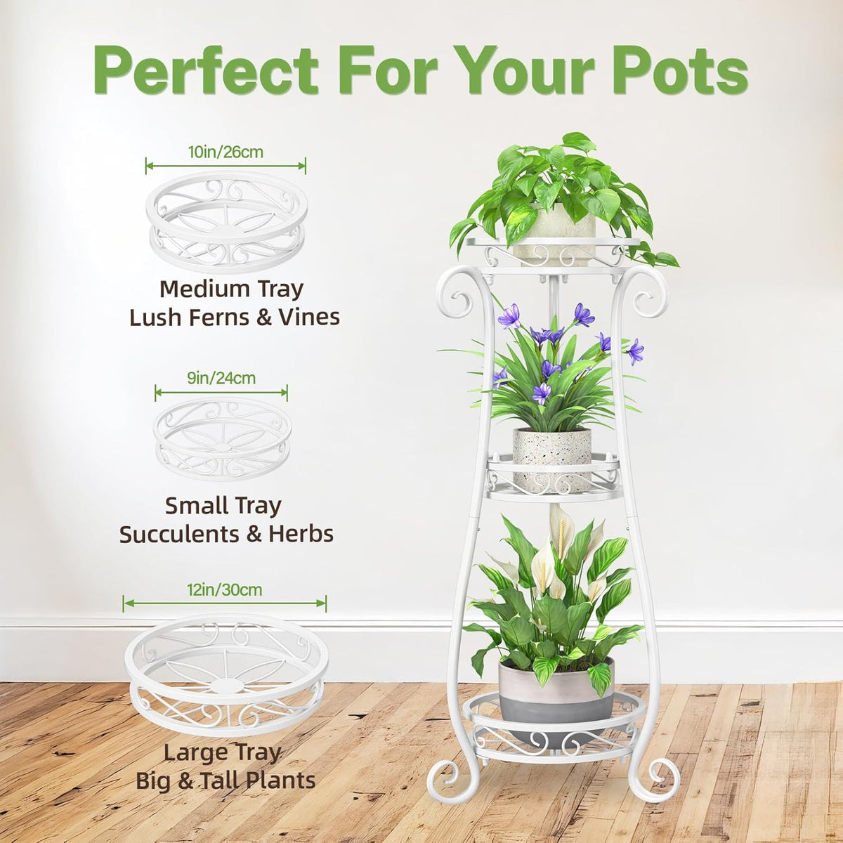iDavosic.ly 3 Tier Metal Plant Stand Indoor Outdoor, Wrought Iron Corner Tall Flower Pot Holder