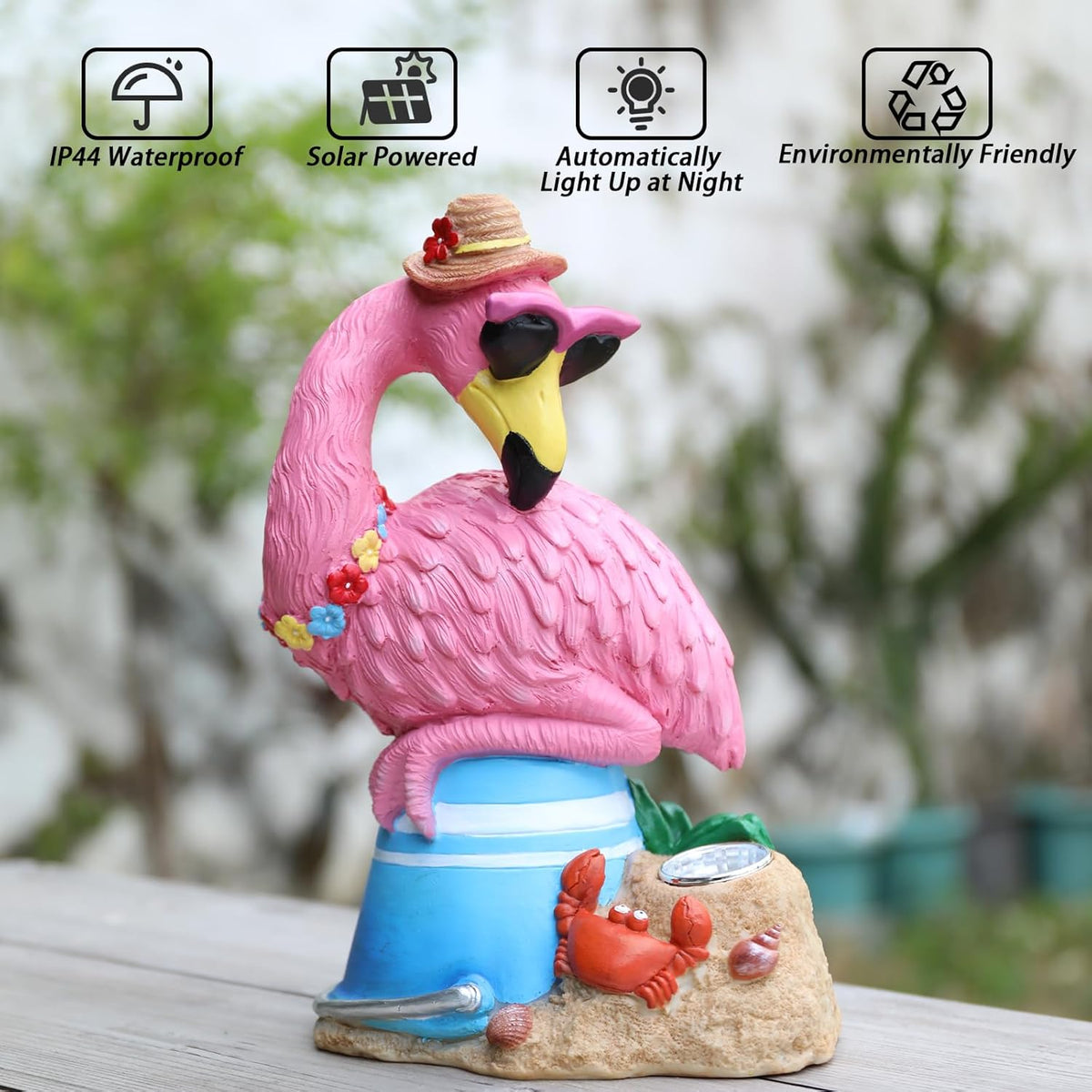 Flamingo Garden Statue Outdoor Decor, Resin Garden Flamingo Figurine Sculpute with Solar Lights for