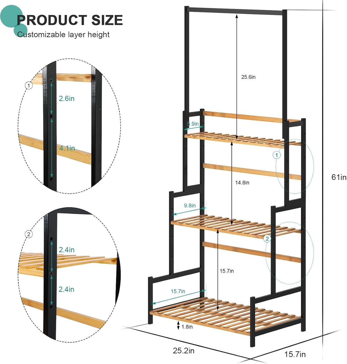 Ufine Bamboo Hanging Plant Stand 3 Tier Ladder Shelf with Hanging Rod Height Adjustable Flower Pot