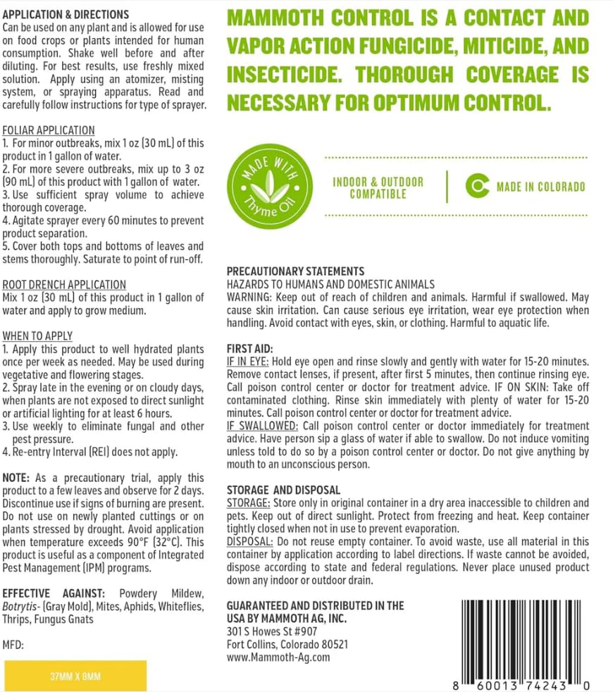 Mammoth Control - Concentrated Miticide, Fungicide and Insecticide - Made with Thyme Oil (1 Gallon)