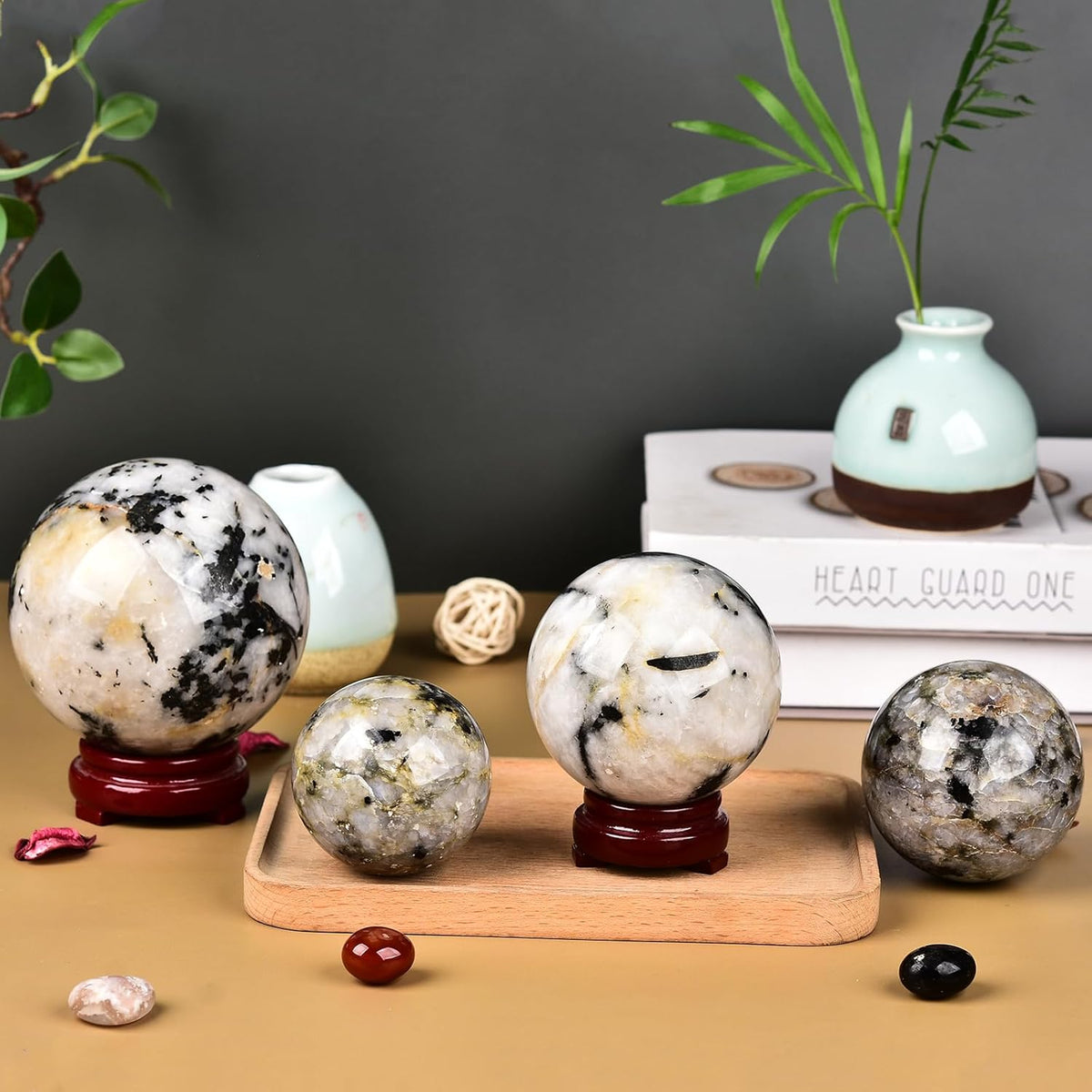 JIC Gem Natural Black and White Tourmaline Crystal Sphere with Wooden Stand Black Quartz Crystal