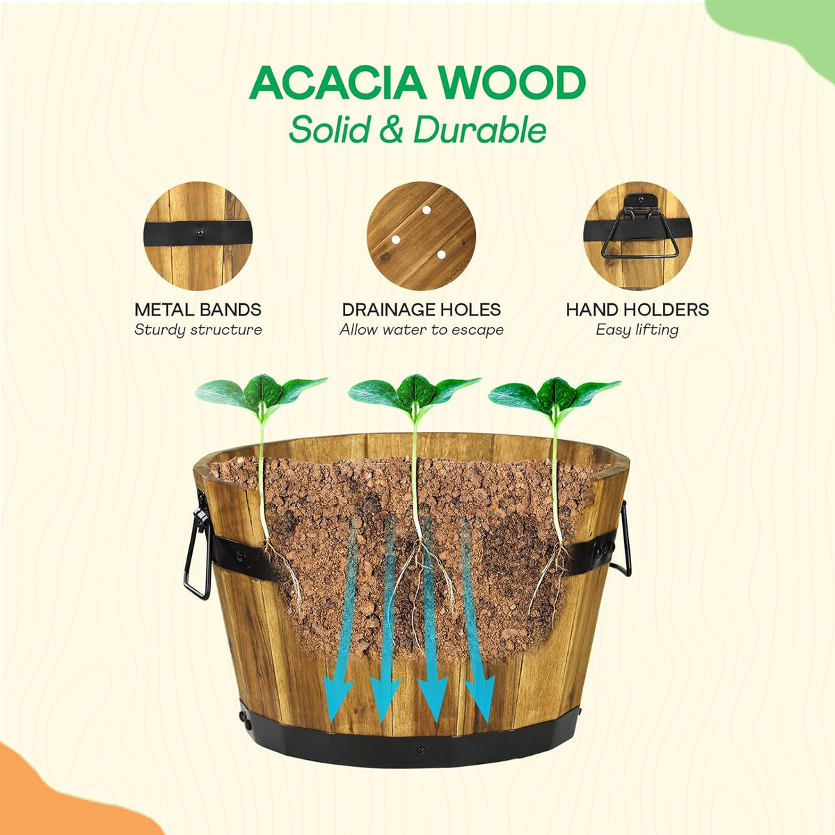 IDZO Set of 3 Wooden Flower Planters for Outdoor Plants, Acacia Wood Barrel Planters, Ergonomic