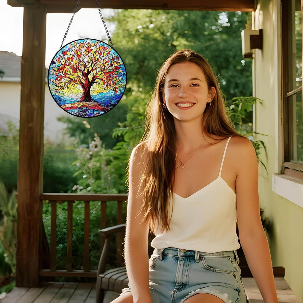 Tree of Life Stained Glass Suncatcher | 8" Round Indoor Window Sun Catchers with Stain Glass Panels
