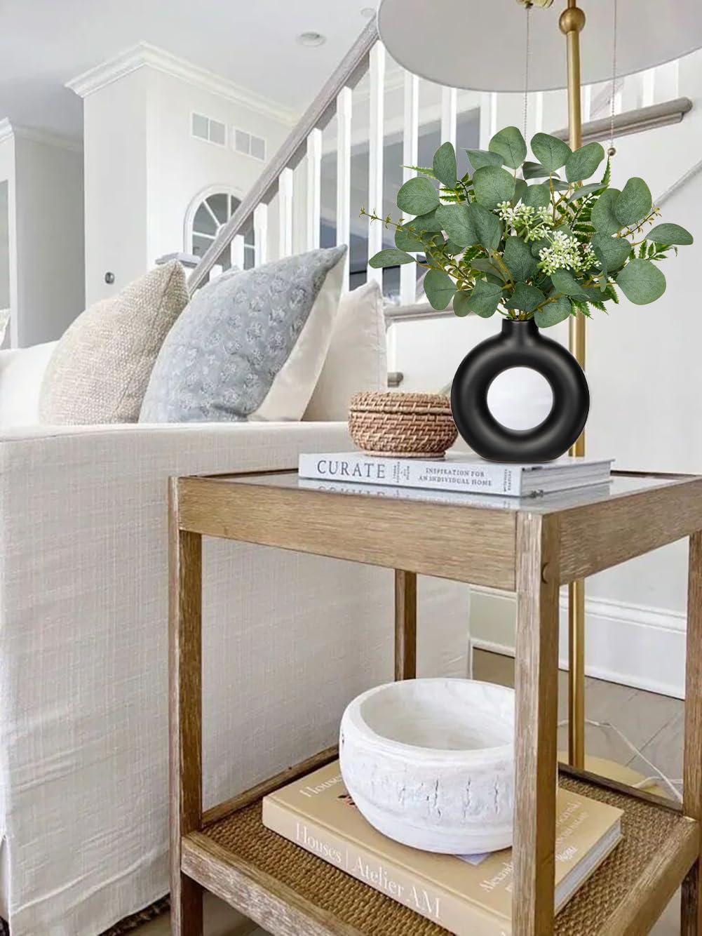 Artificial Eucalyptus Stems in Ceramic Vase 14.23" Fake Eucalyptus Plant Decor Black Donut Vase