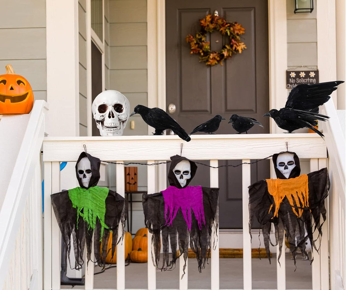 Yerliker 5 Pcs Halloween Black Feathered Crow and Skull Statue Set Handmade Realistic Crow Decor
