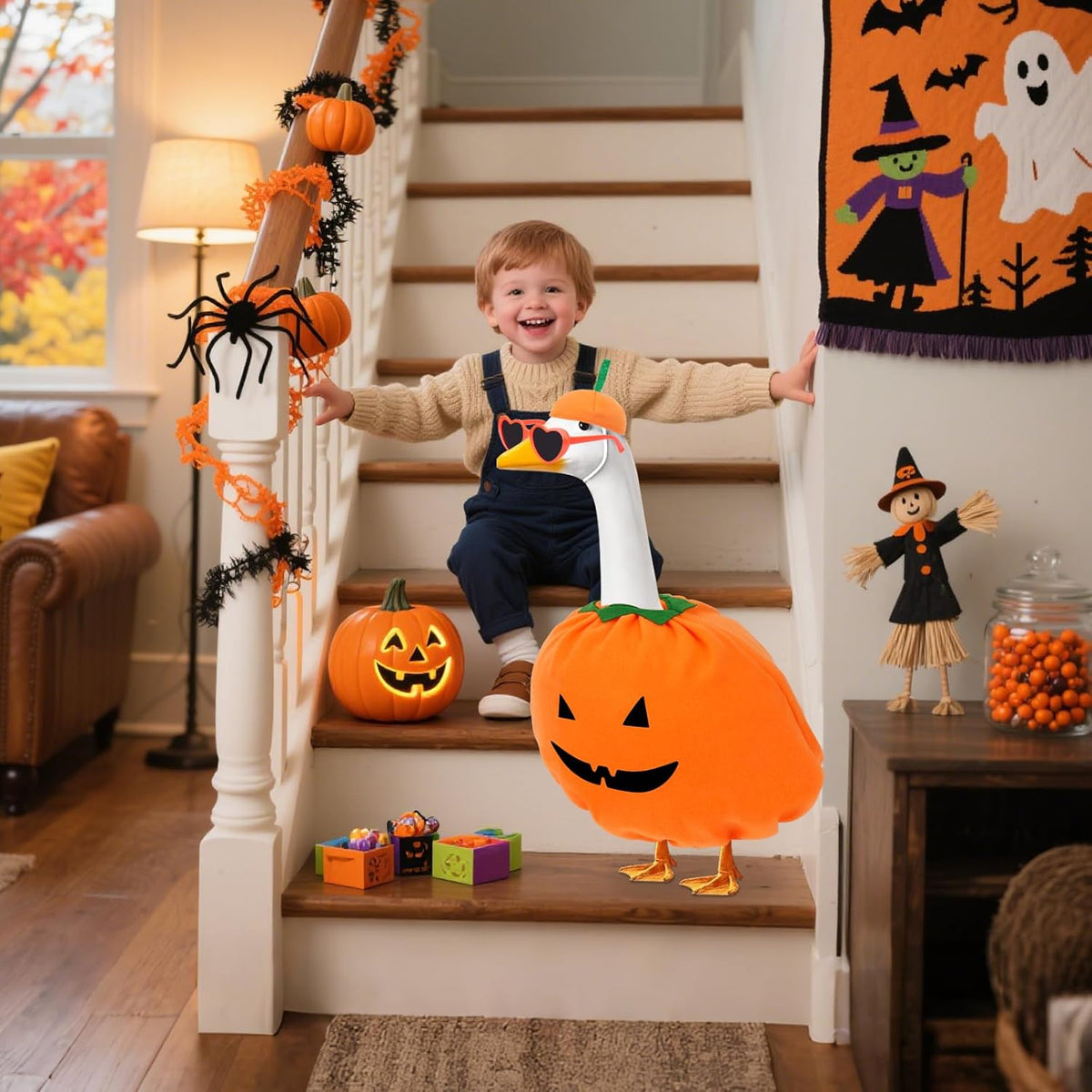 Hysagtek Halloween Porch Goose Outfits - Yard Goose Outfits Pumpkin Costume with Glasses Fall