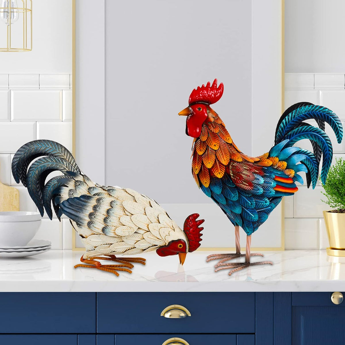 Shorayn Metal Rooster Statues, Outdoor Garden Metal Chicken Decor, Garden Sculptures Chicken