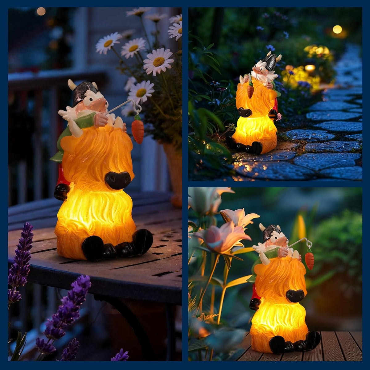 Garden Gnome Statue Highland Cow Gift,Yard Patio Balcony Outdoor Decor Solar Light Figurine