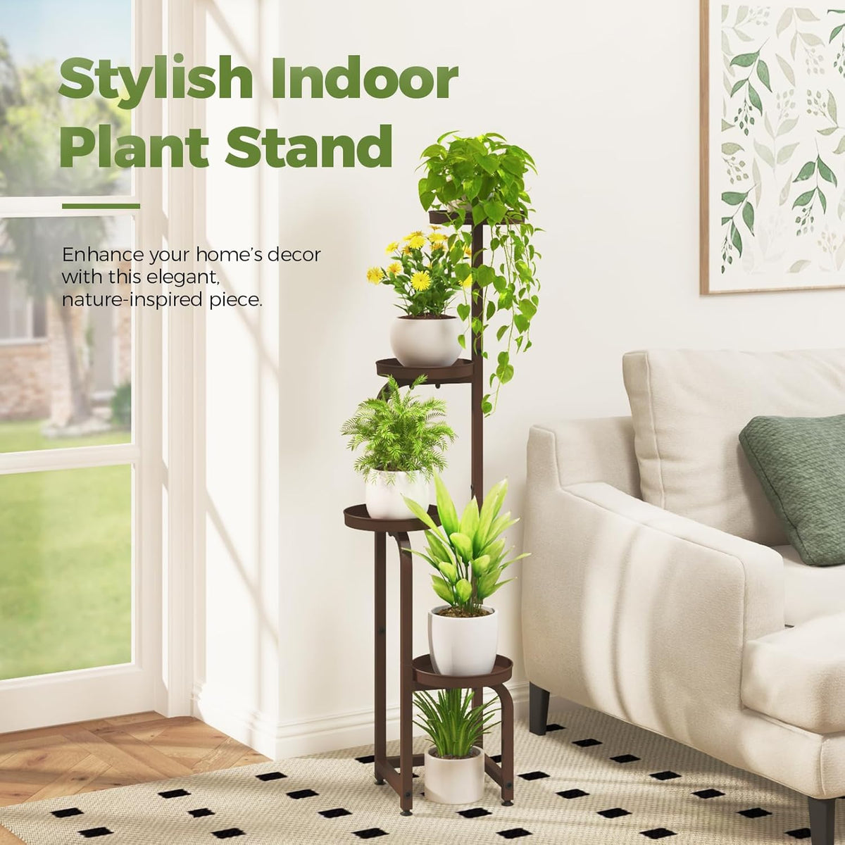 Bamworld Corner Plant Stand Indoor Outdoor, Tall Metal Flower Pot Stands for Multiple Plants, 4