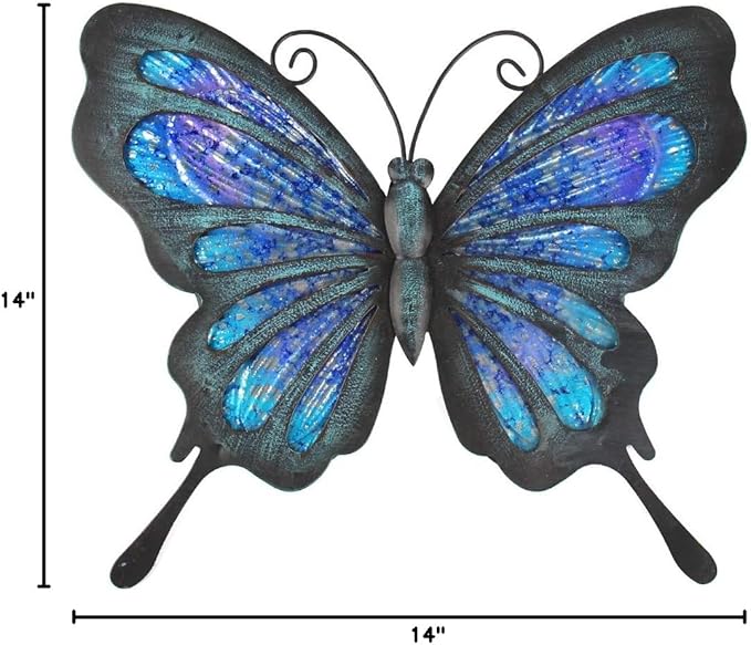 HONGLAND Metal Butterfly Wall Decor Outdoor Indoor Art Sculpture Hanging Glass Decorations Blue for