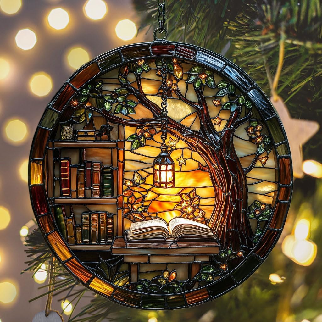 Forest Library Bookshelves Acrylic Suncatcher Stained Glass Effect Window Car Hanging Christmas