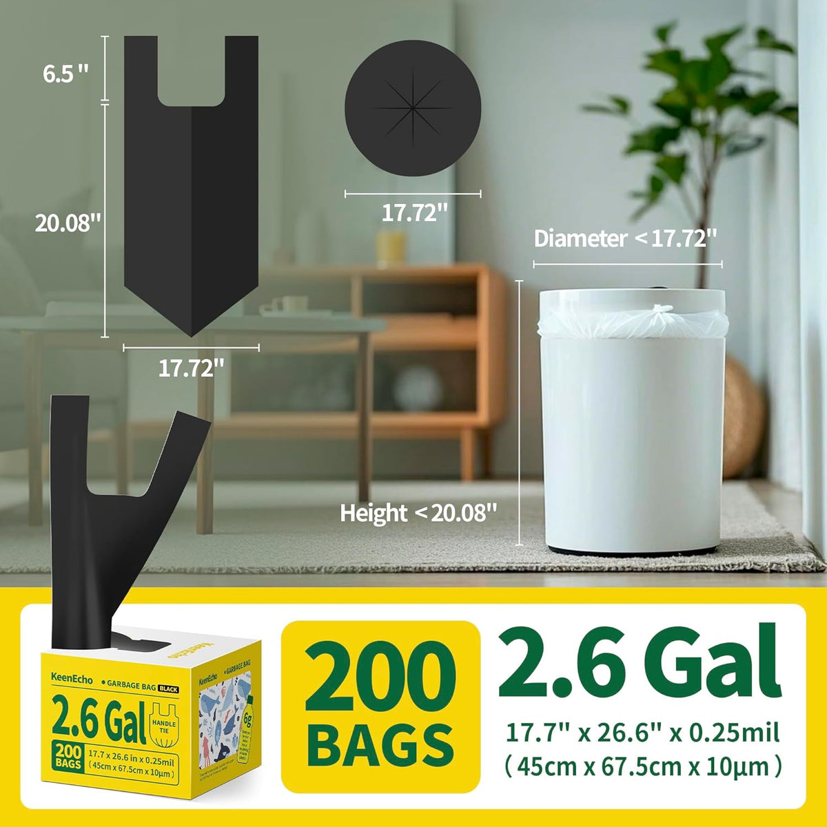 Small Trash Bags with Handles 2.6 Gallon 200 Count Black - Ocean Plastic Upcycling - Plastic