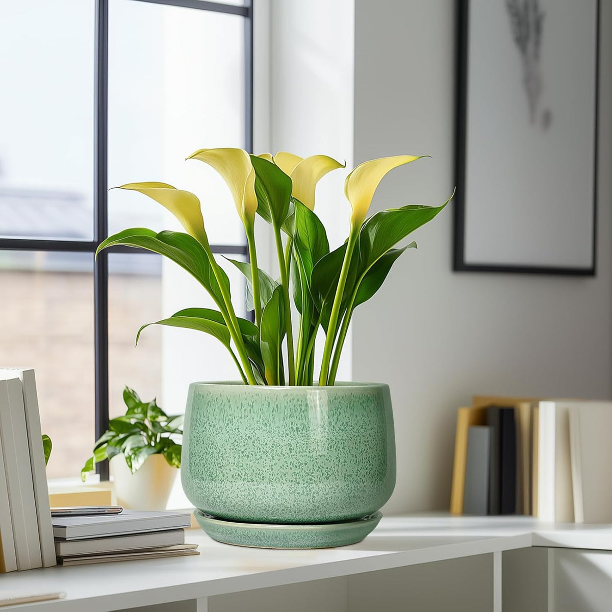 G EPGardening Ceramic Planter - 9 Inch Plant Pot with Drainage Hole and Saucer, Modern Round