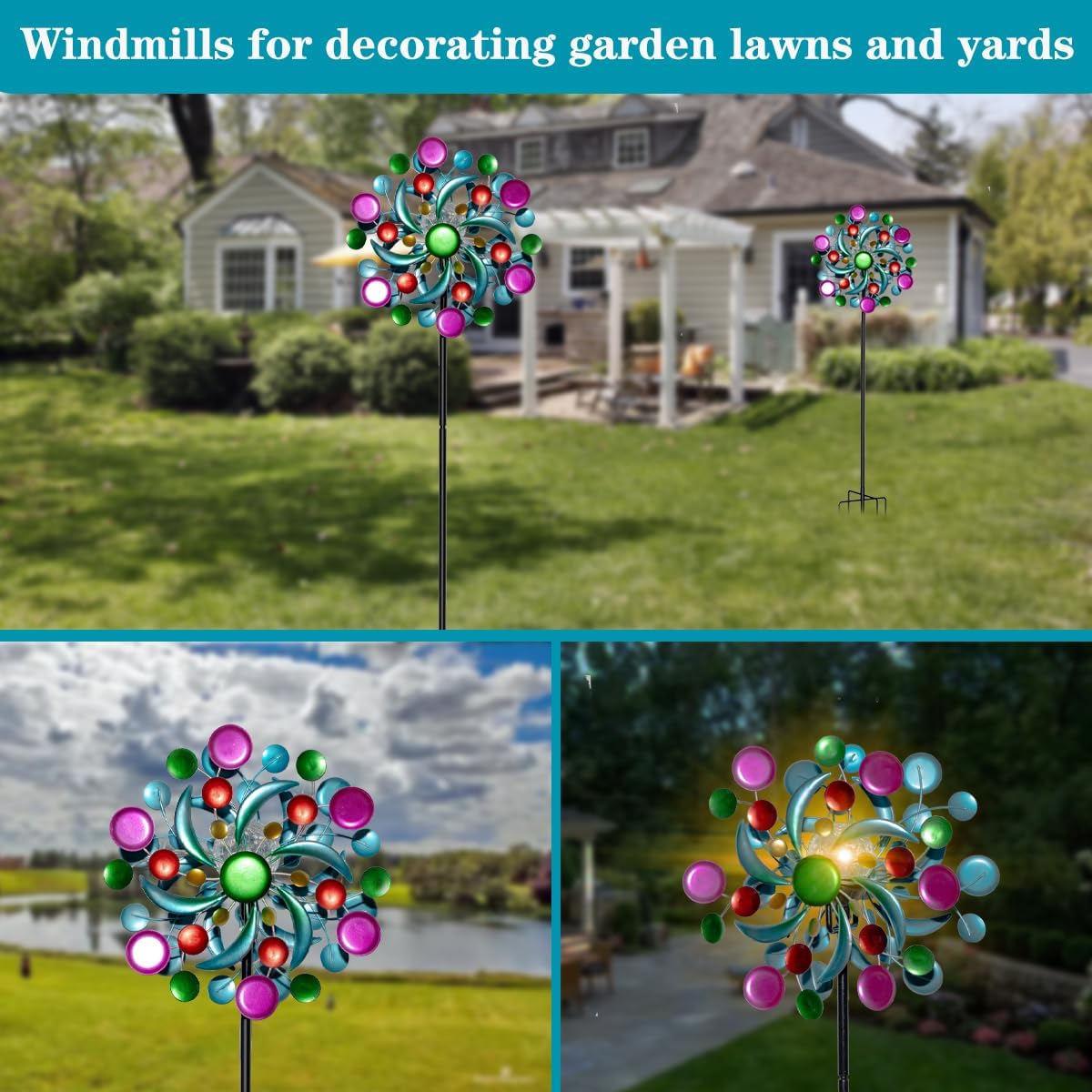 Solar Wind Spinners Outdoor - Wind Sculptures & Spinners, 60.6 Inch Windmill Kinetic Yard Art Decor