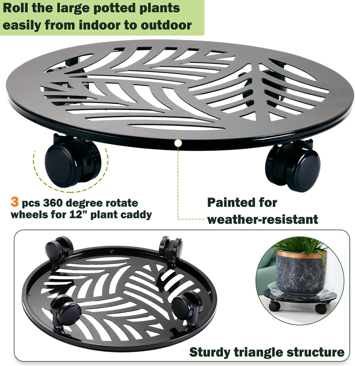 2 Packs Large Metal Plant Caddy with PU Wheels 13.6" Heavy-duty Wrought Iron Rolling Plant Stands