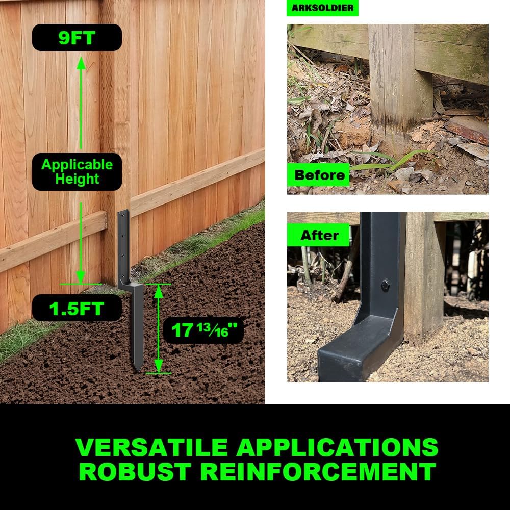 Fence Post Repair Kit - One-Piece Steel Anchors & Stakes to Quick Fix Broken/Leaning 4x4/6x6 Wood