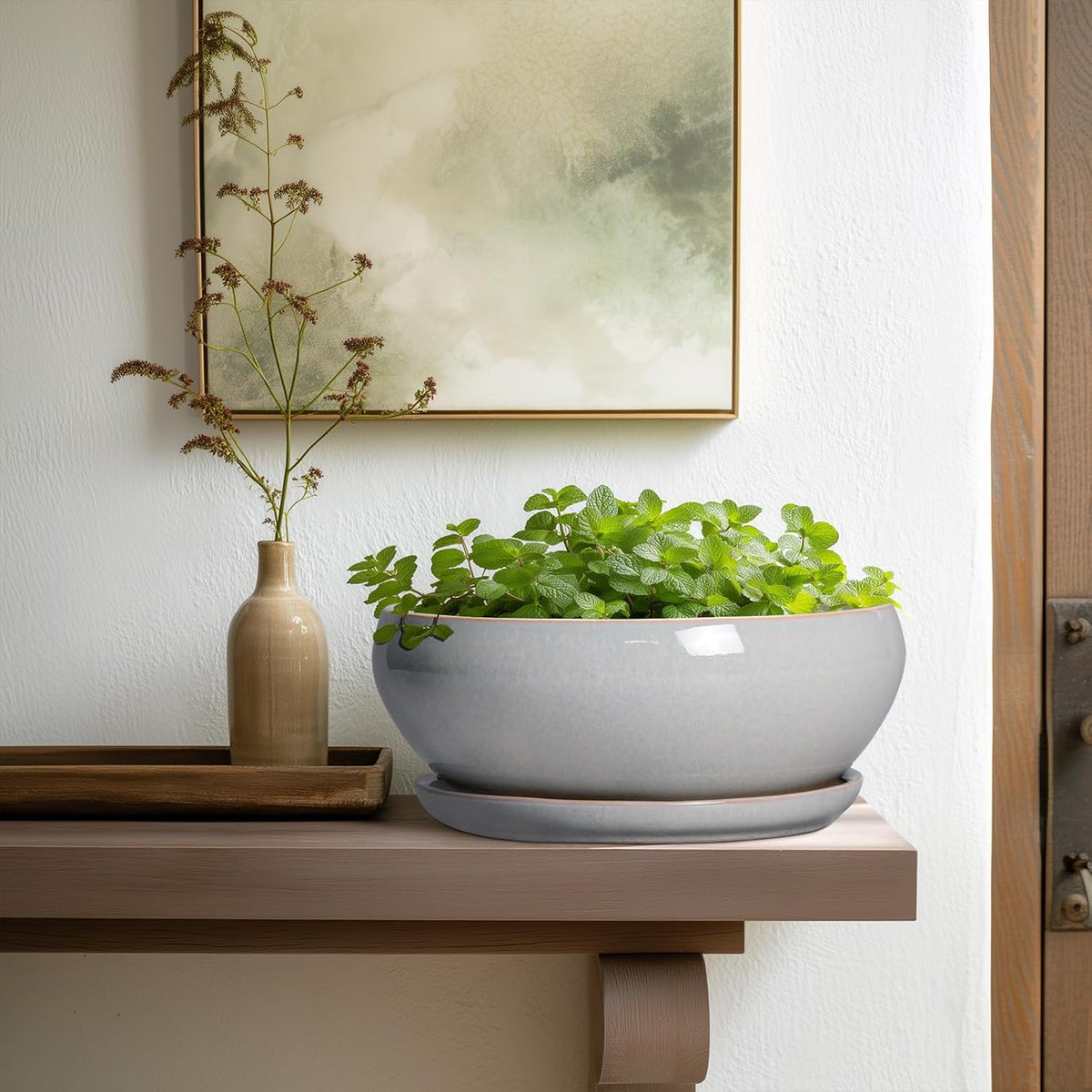 SQOWL Bonsai Pots - 10 Inch Ceramic Succulent Pots with Drainage Hole and Saucer, Large Shallow