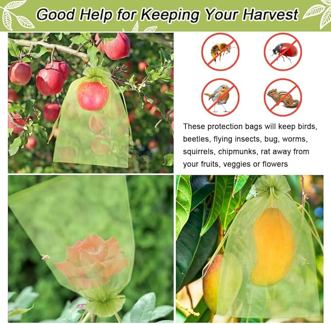 100pcs Fruit Protection Bags 8x12 inch, Green Netting Cover Bags Drawstring Mesh Fruit Protectors