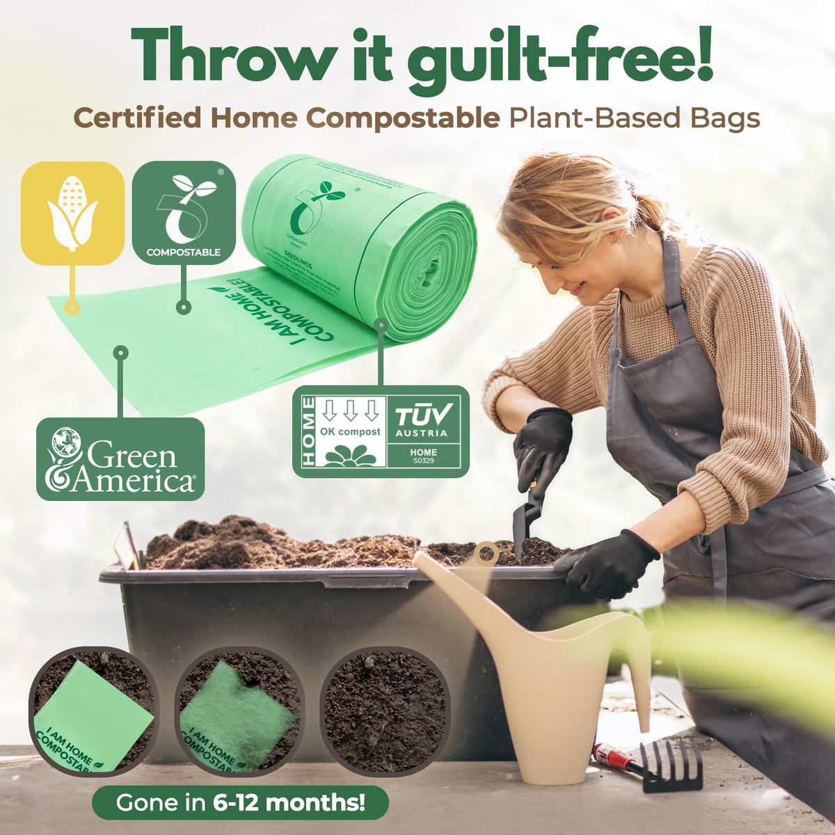 Compost Bags for Countertop Bin -Compostable Trash Bags made of Cornstarch - Leakproof & Tear
