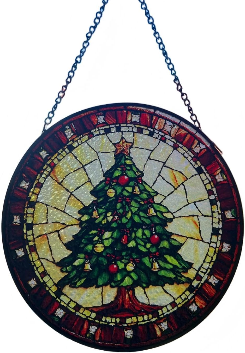 Green Christmas Tree Handmade Stained Glass Window Hanging Suncatcher with Chain - 7.9"