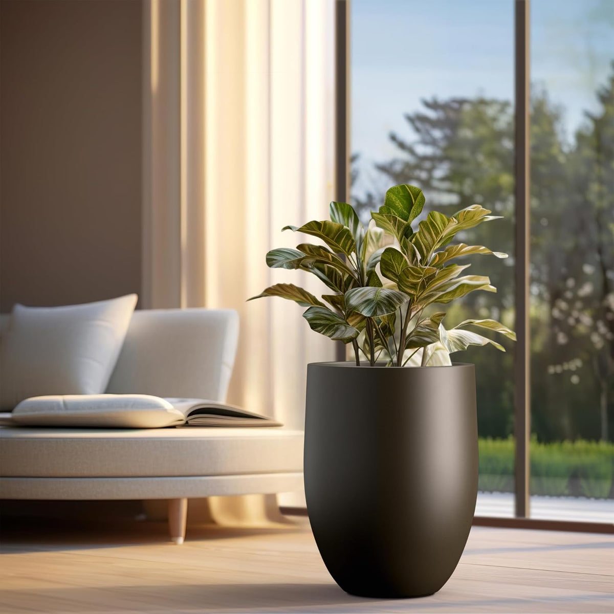 Kante Tall Concrete Planter, 21.7-Inch Height Dark Brown Large Indoor Outdoor Plant Pot with