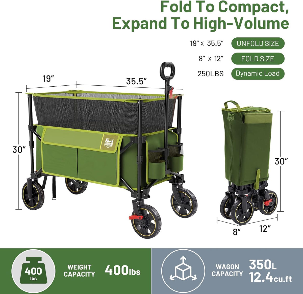 TIMBER RIDGE 350L Extra Large Collapsible Folding Wagon Carts with Brake, Heavy Duty Outdoor