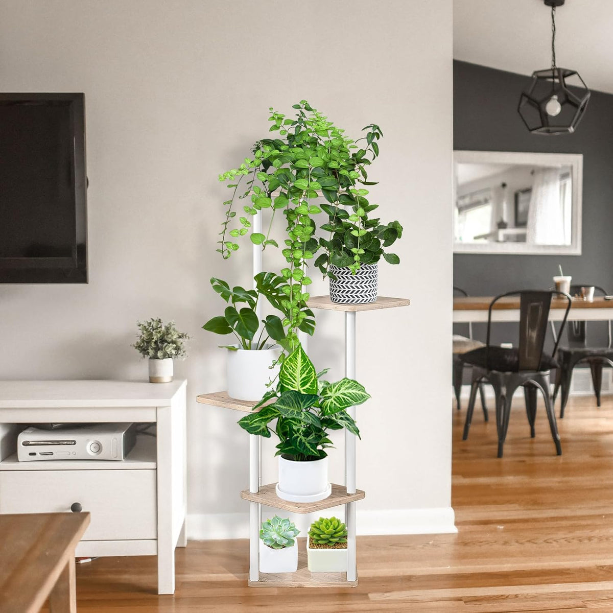 5 Tier Wood Tall Plant Stand Metal Rack Indoor, Multiple Flower Pot Holder Shelves Corner Rack