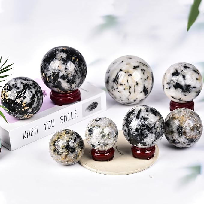 JIC Gem Large Black&White Crystal Sphere with Stand Black and White Tourmaline Crystal Ball Sphere