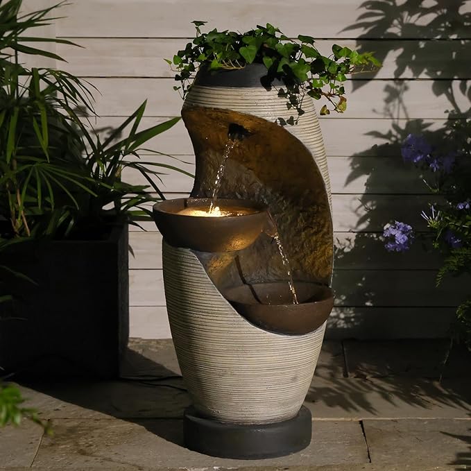 27.95''H Outdoor Garden Water Fountain, 2-Tier Bowl Shaped Floor - Standing Waterfall Fountain