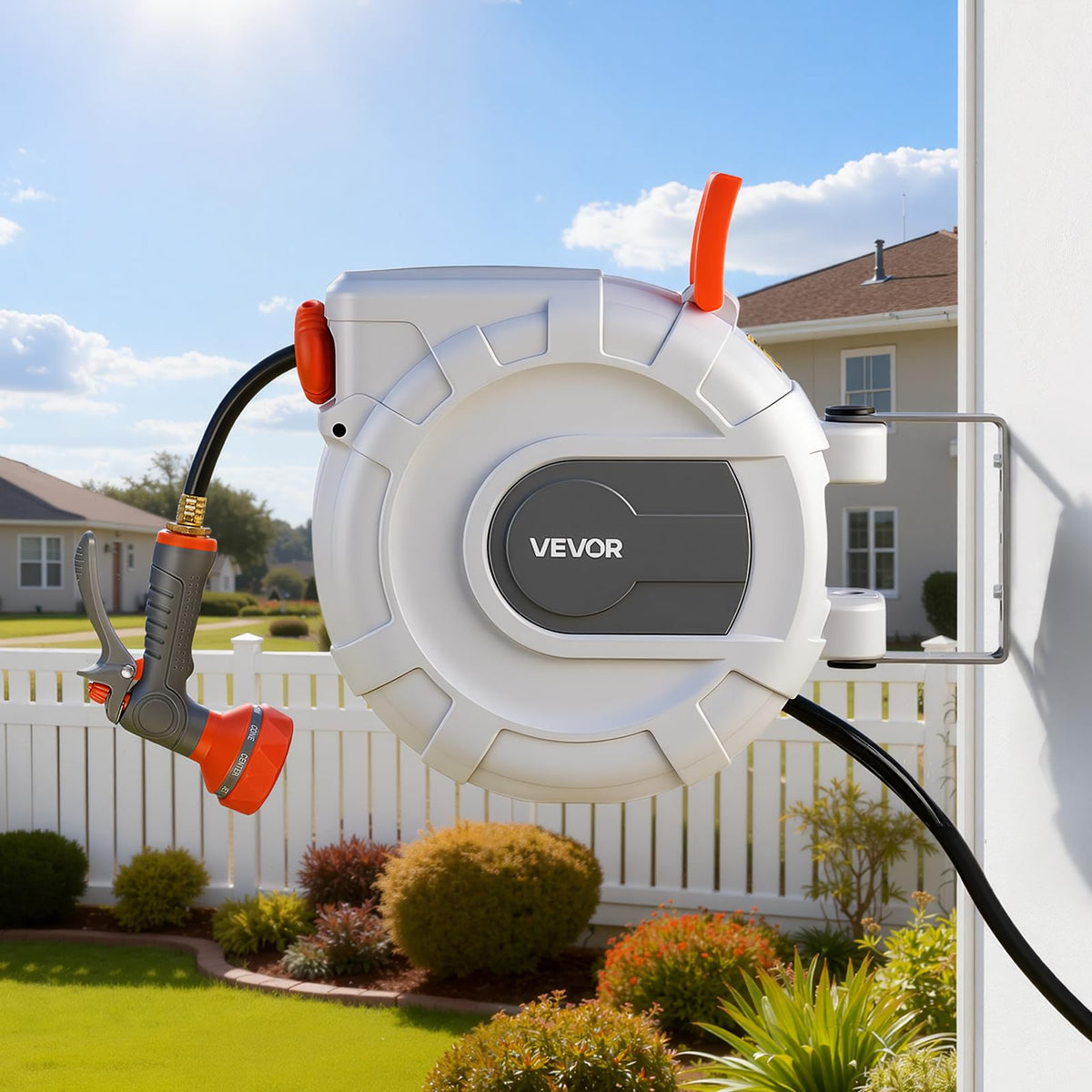 VEVOR Retractable Garden Hose Reel, 1/2 in x 50 ft, Wall Mounted Hose Reel with 9-Function Sprayer