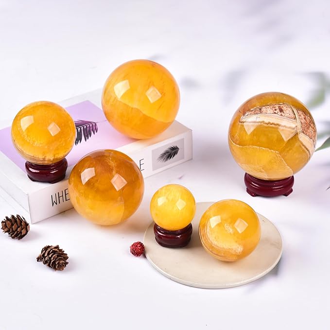 JIC Gem Large Yellow Fluorite Crystal Sphere with Stand Gemstone Decorative Ball for Home Decor