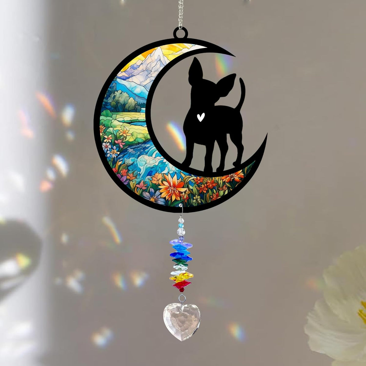 Chihuahua Suncatcher, Personalized Pet Loss Gift with Name & Date, Heart-Shaped Crystal Sun
