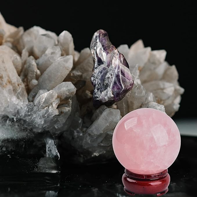 JIC Gem Natural Pink Rose Quartz Ball Sphere with Base,3.5 Inch