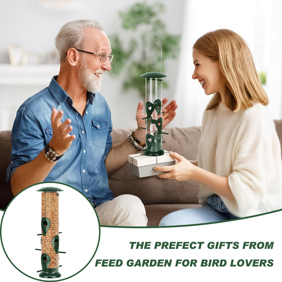 FEED GARDEN Metal Bird Feeder- 6 Port Tube Feeder for Outdoors with Metal Lid, Easy Fill & Clean
