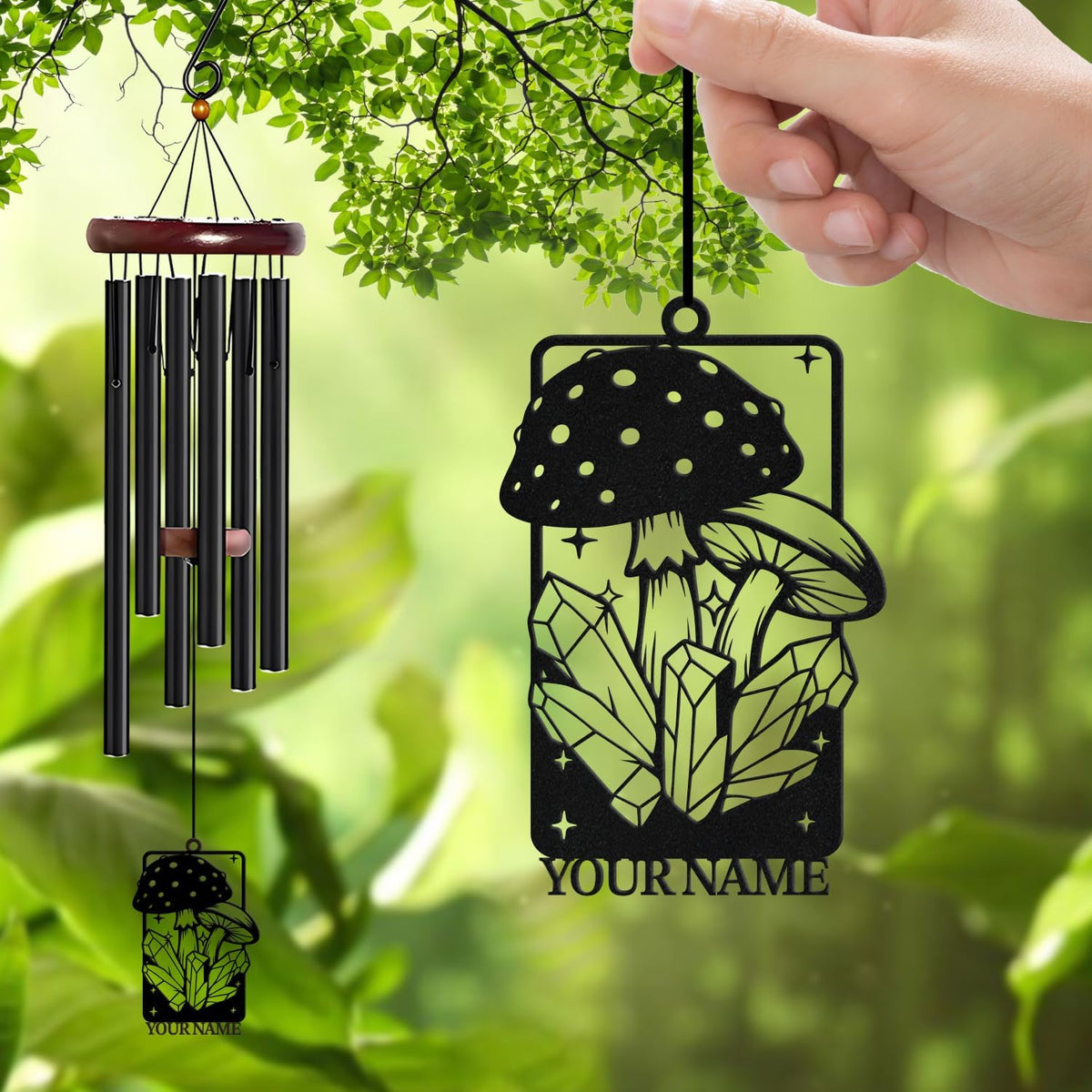 Personalized Customize Name Fantasy Mushroom Wonderland Wind Chime, Metal Iron 37 Inch Outdoor