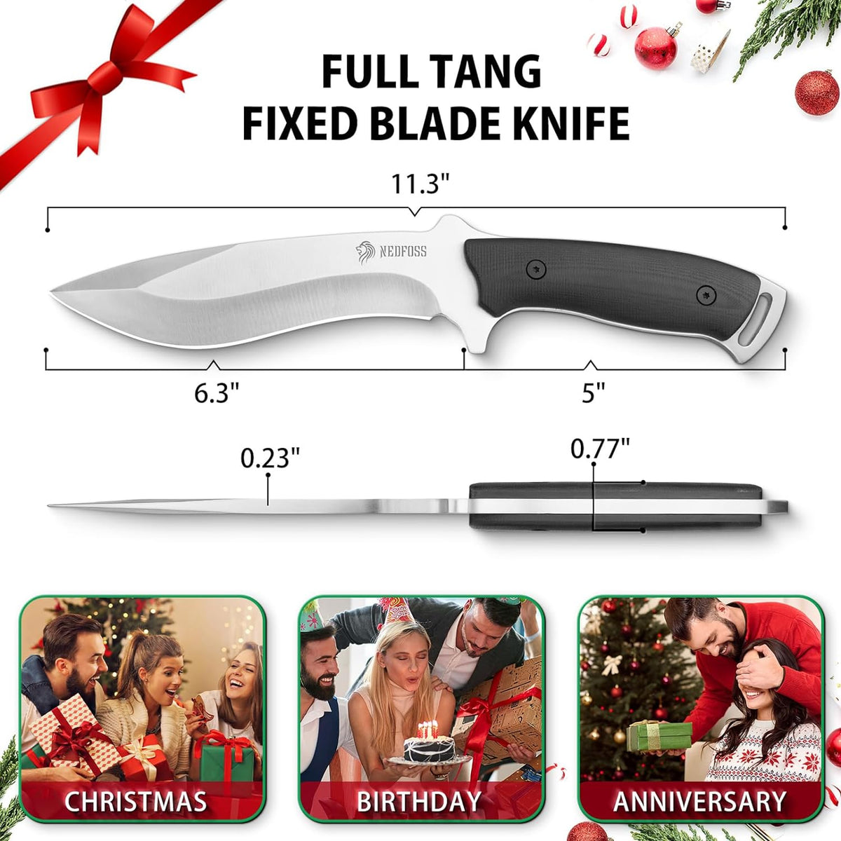 NedFoss Kukri Survival Knife with Sheath, 6" Full Tang Fixed Blade Hunting Knife with G10 Handle