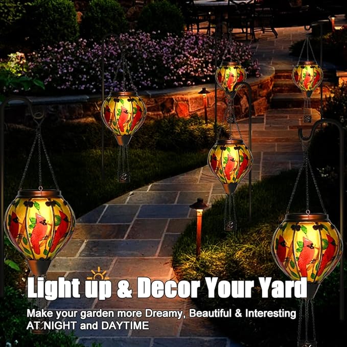 Hot Air Balloon Solar Lantern - Large Cardinal Bird Glass Lantern, Simulated Flickering & Dancing