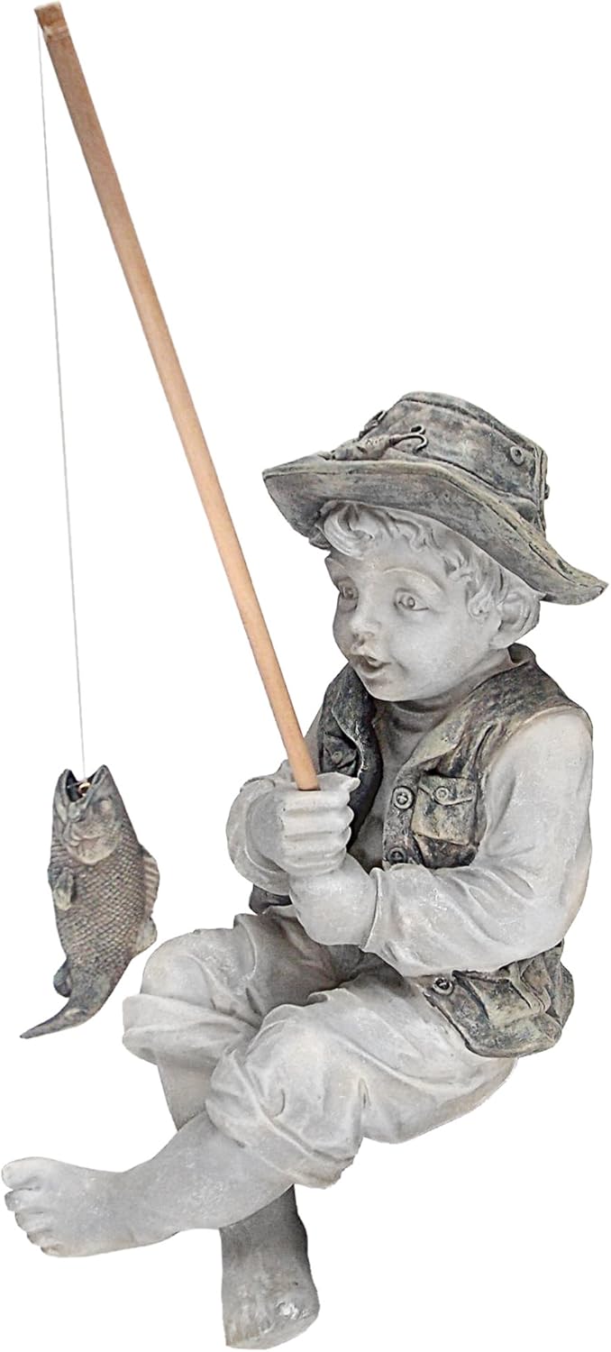 Design Toscano Frederic the Little Fisherman of Avignon Boy Fishing Garden Statue, 15 Inch Tall