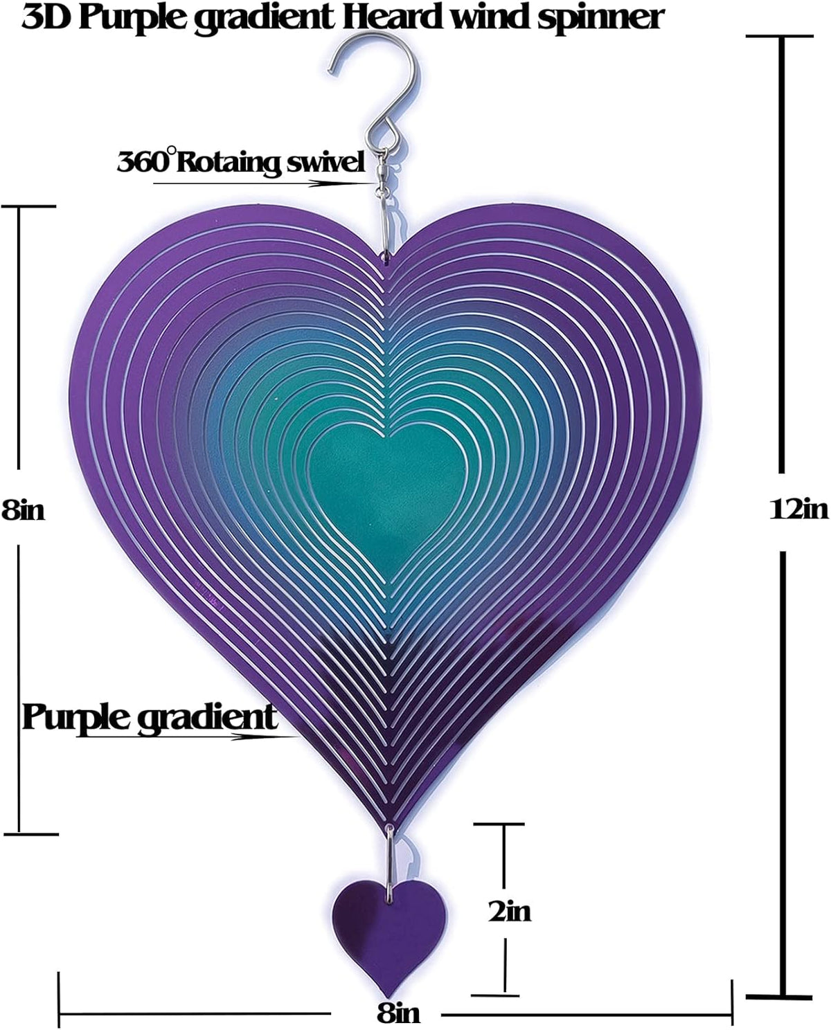 DJUAN Wind Spinner Purple-Green Gradient Love Heart 3D Metal Hanging Wind Spinners Worth Gift