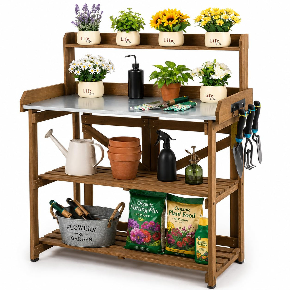 Garden Potting Bench Table Wooden Horticulture Outdoor Planting Work Bench with Metal