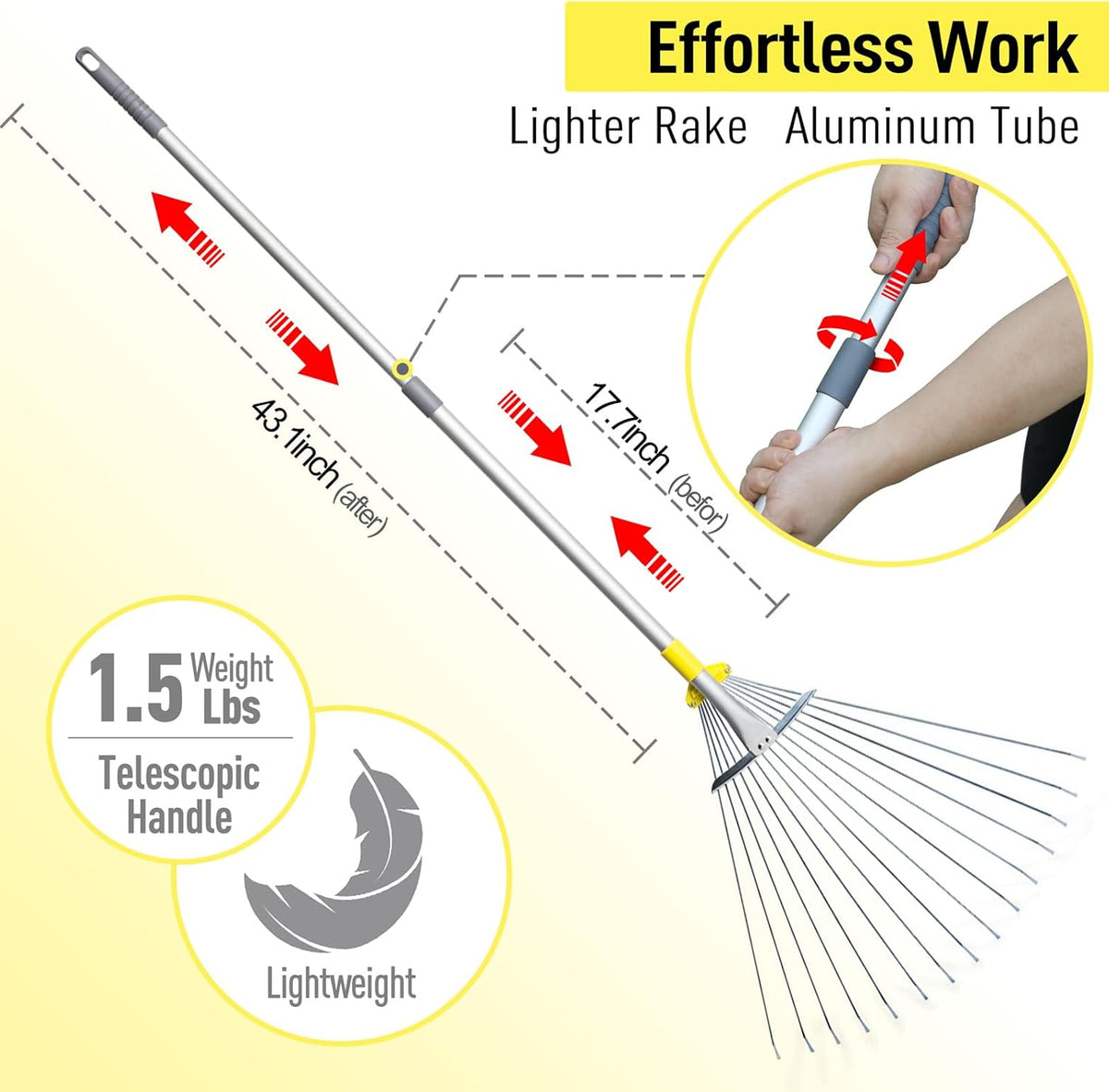 JARDINEER Adjustable Rakes for Leaves, Larger Garden Leaf Rake for Lawns Grass with 7-23"